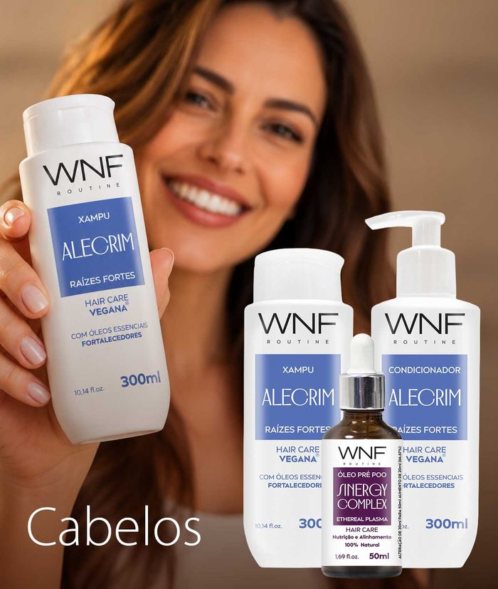 Cabelos: xampu e condicionador Alecrim e óleo pré-poo WNF Routine