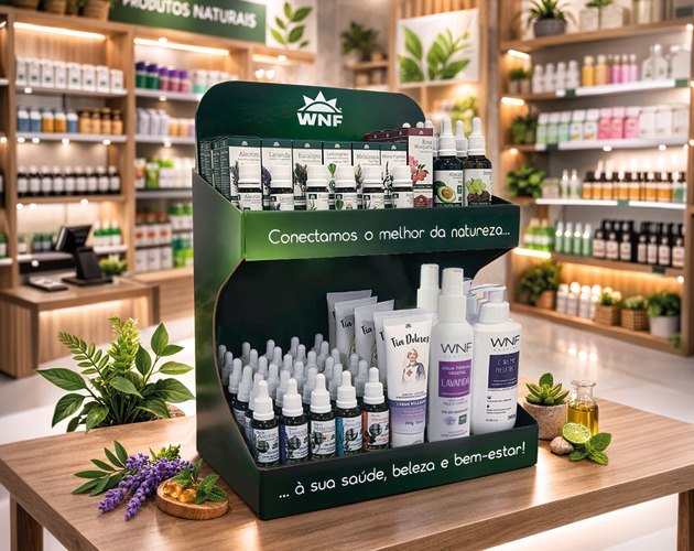 Expositor WNF com óleos essenciais, águas termais e cremes no balcão de uma loja de produtos naturais